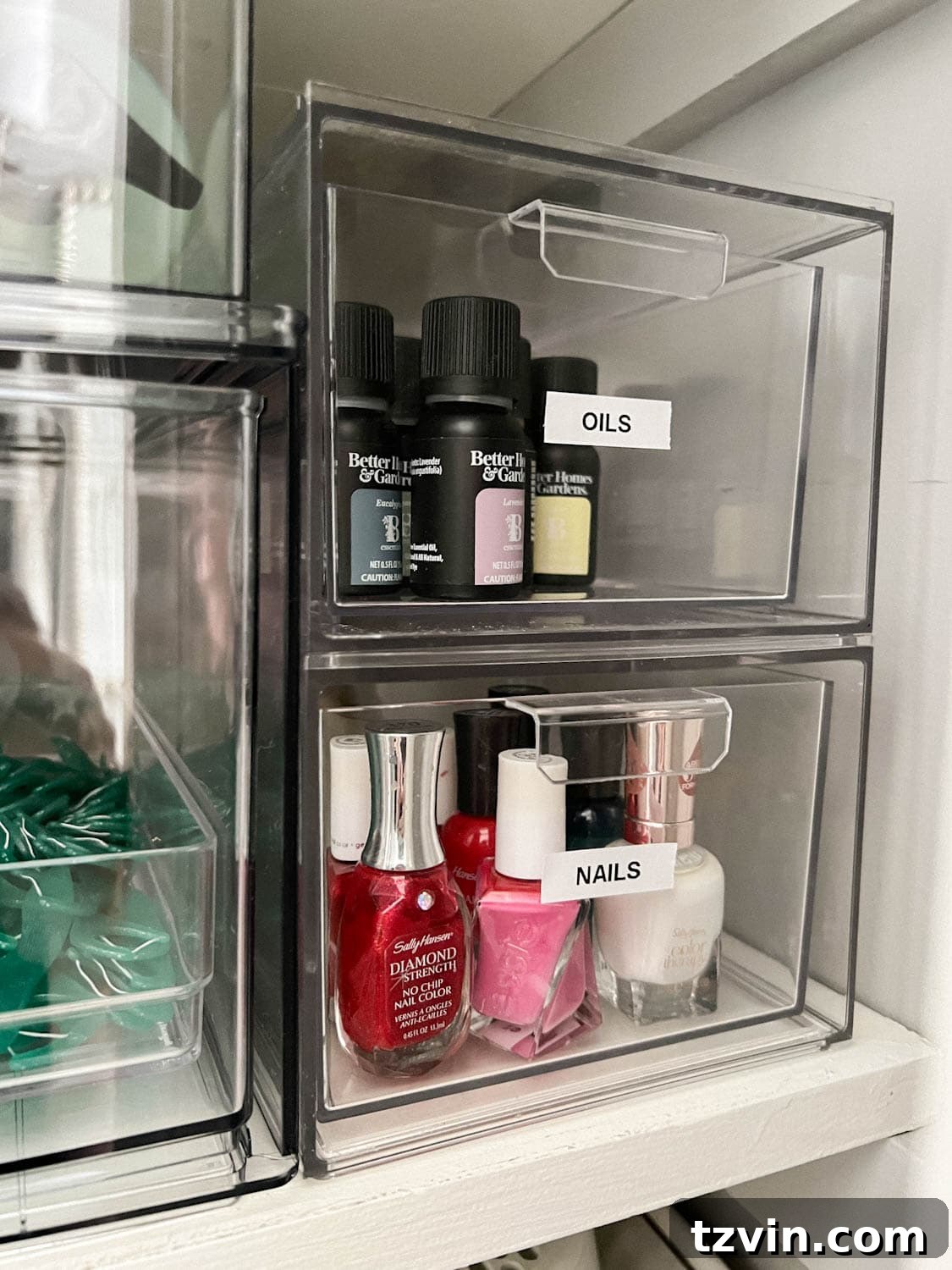 Flawless Bathroom Linen Closet Organization Ideas 8 clear organizer drawers for essential oils and nail polish