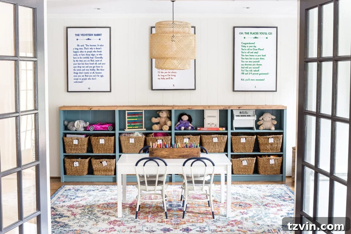 Playroom Transformed: Brighter Spaces, Comfier Places 4 Nearly complete playroom showing beautifully organized built-ins, a new bamboo light fixture, and a charming play table setup.