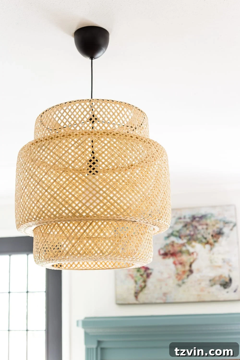 Playroom Transformed: Brighter Spaces, Comfier Places 5 Close-up of a stylish bamboo light fixture illuminating a child's playroom, adding warmth and modern flair.