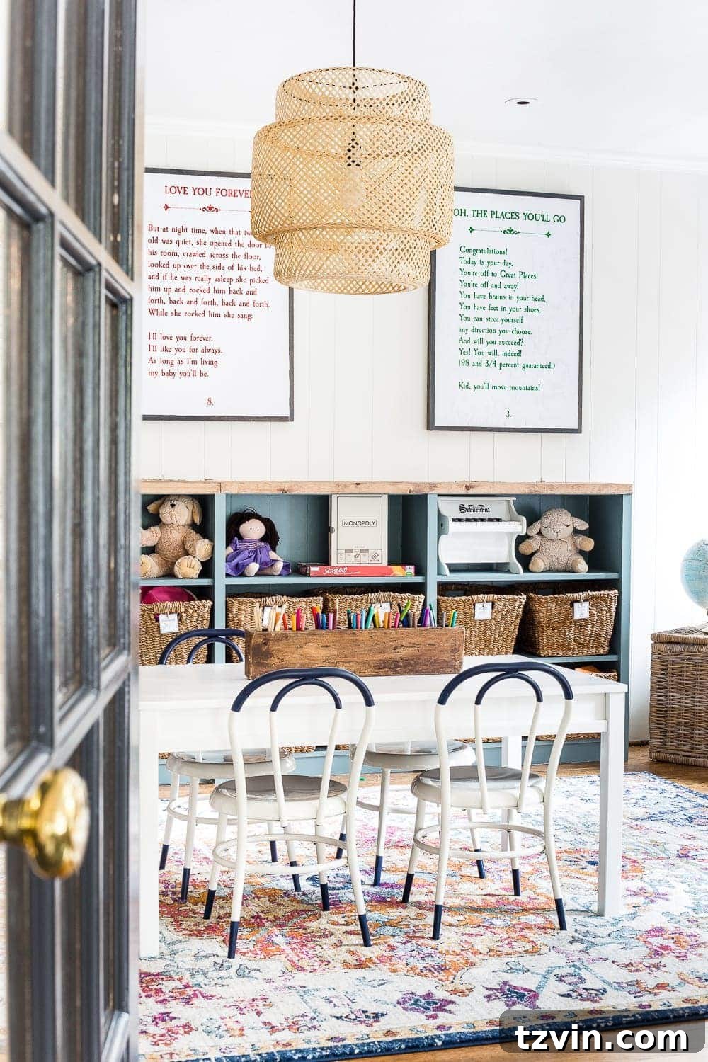 Playroom Transformed: Brighter Spaces, Comfier Places 9 DIY storybook art adorning a wall in a cheerful children's playroom, adding a personal and imaginative touch to the decor.