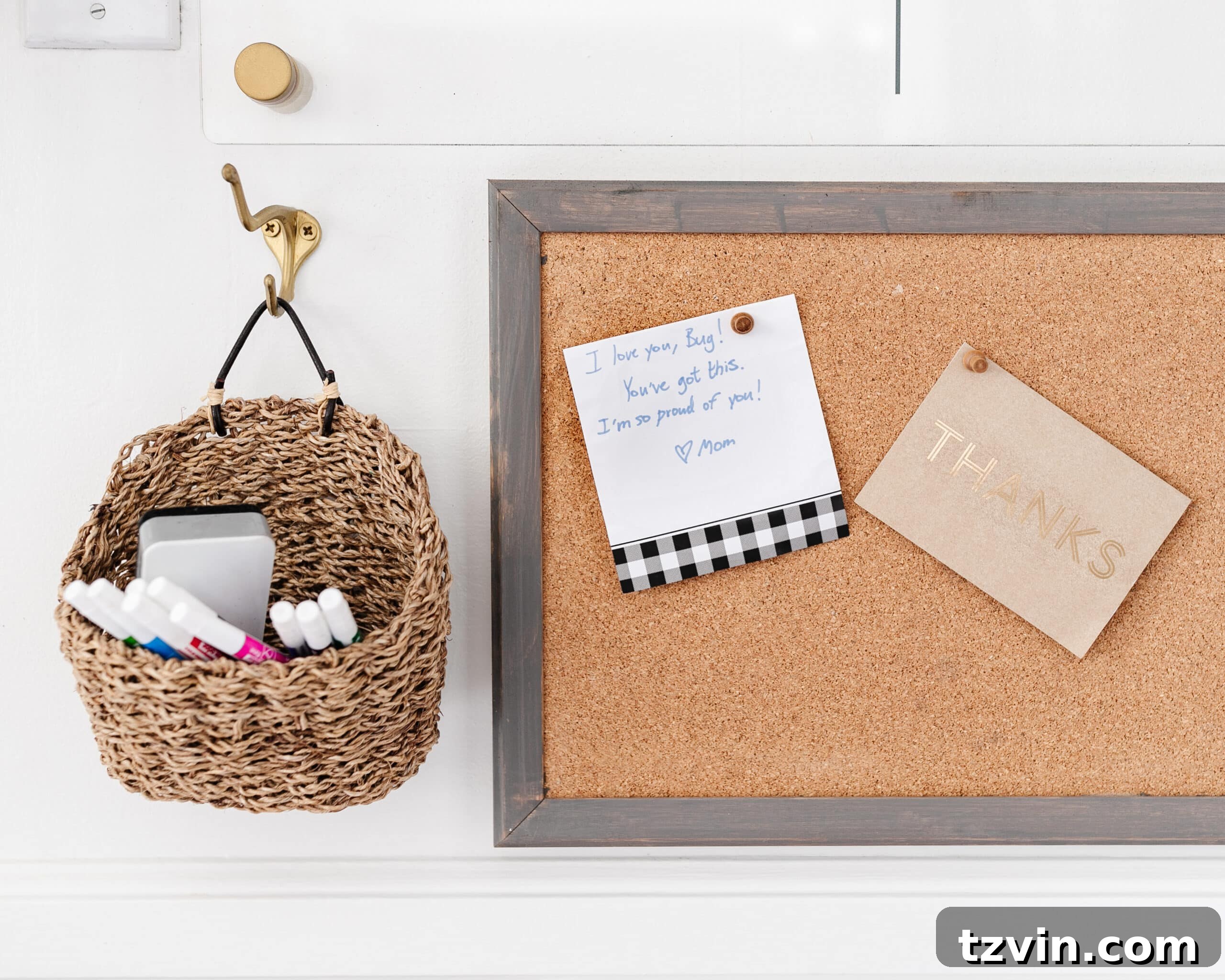 Organizing Your Family: Command Center Essentials 9 cork board and wall basket with dry erase markers