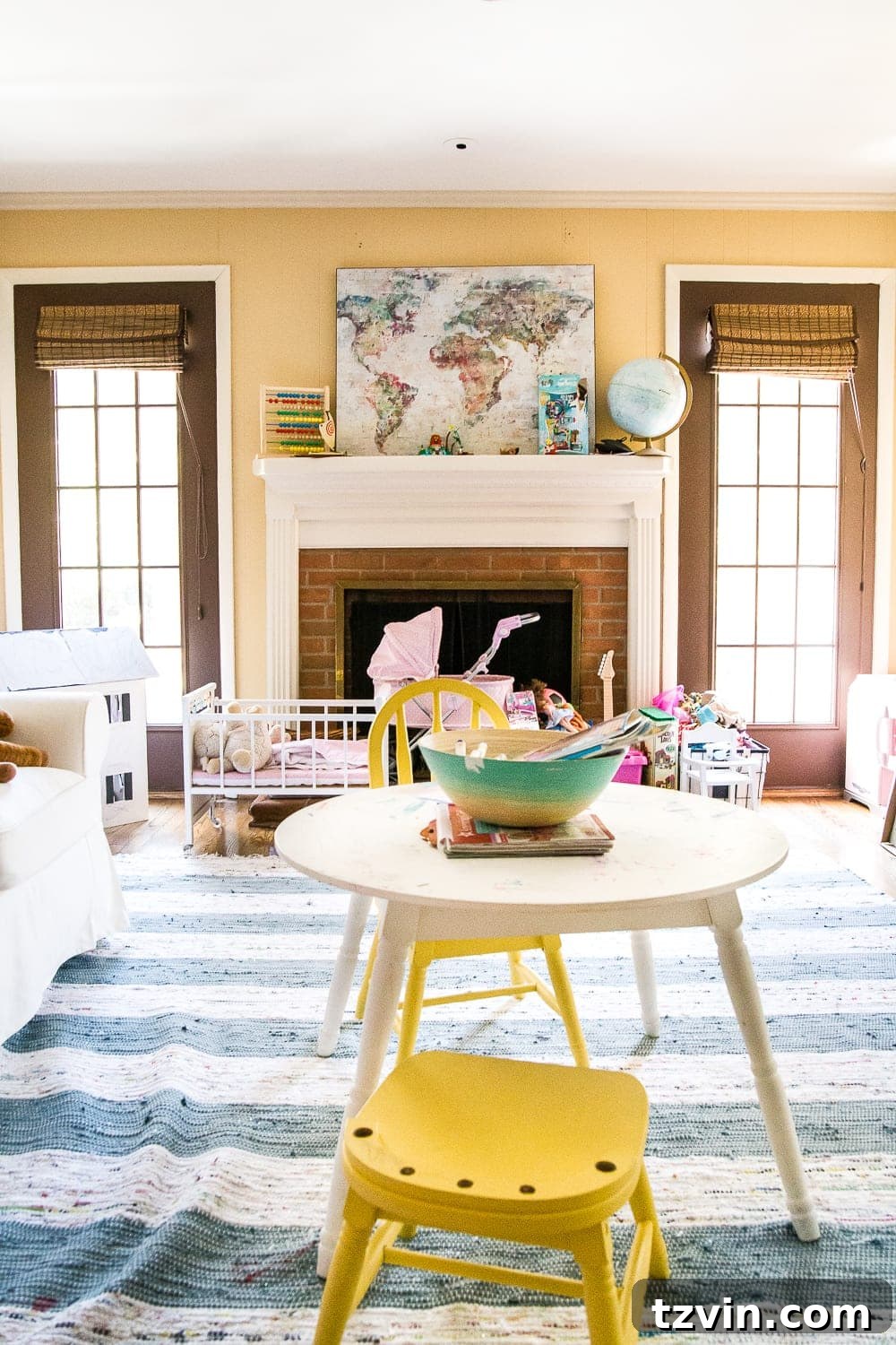 Lime Washed Fireplace in Playroom