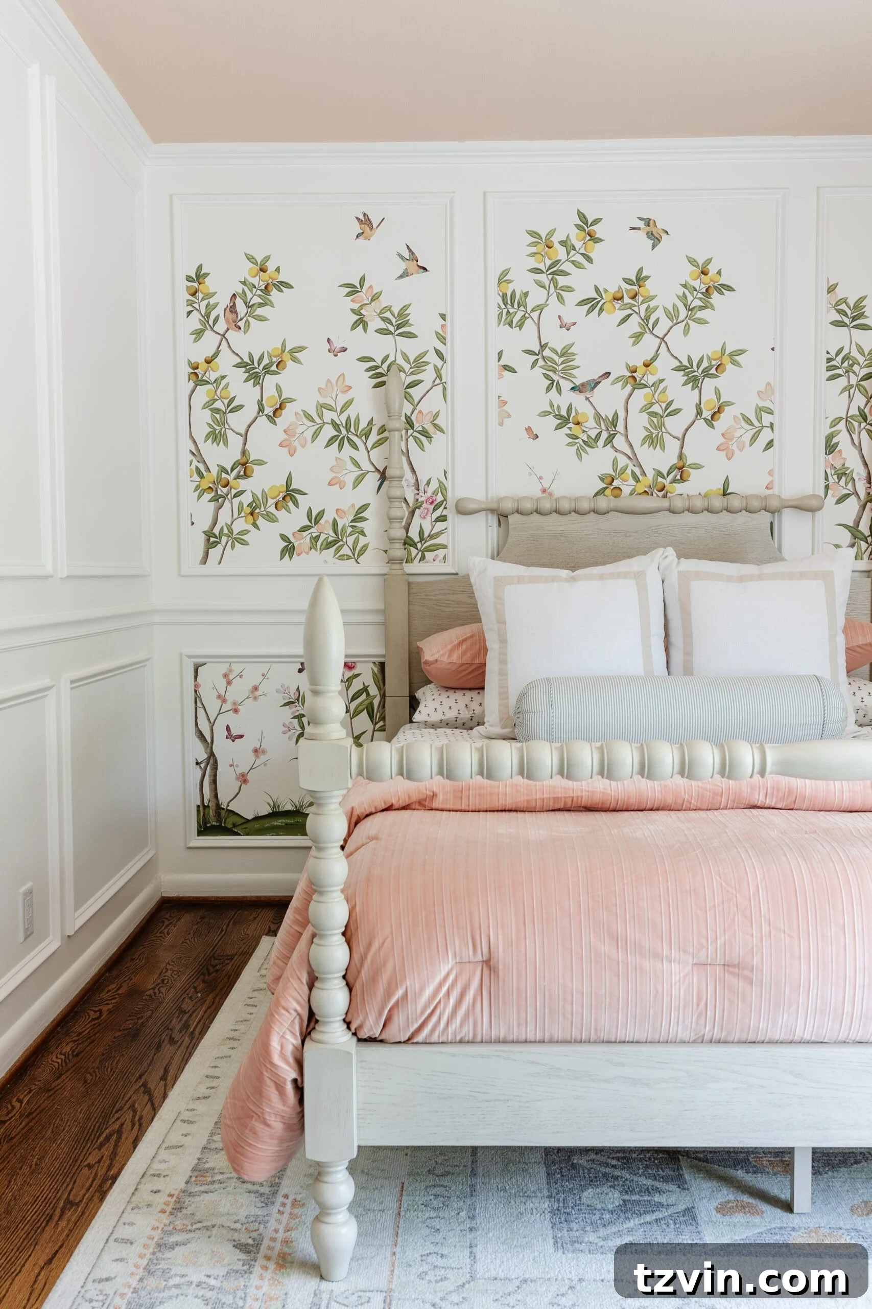 20 Clever Bedside Tables for Compact Bedrooms 3 Spindle vintage style wood bed with pink bedding and cottagecore decor in a small room