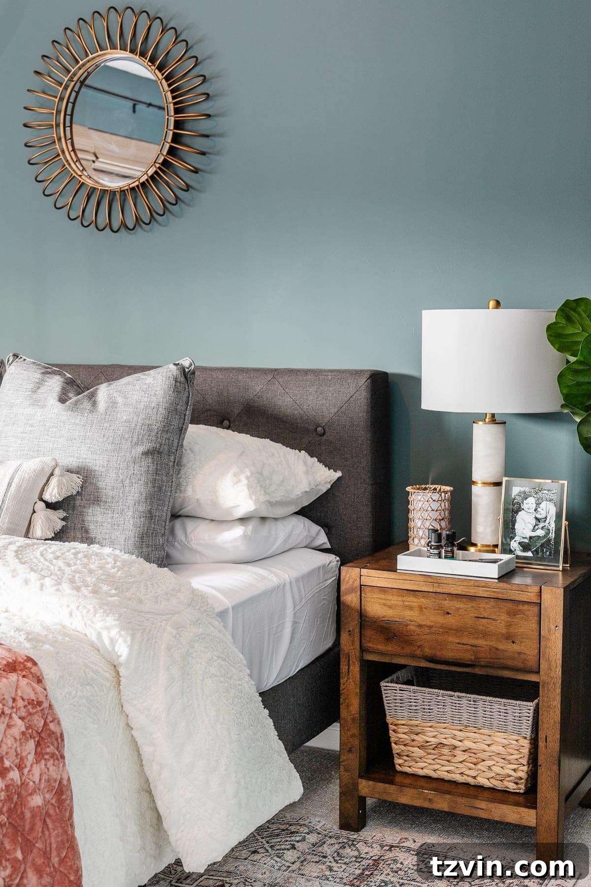 20 Clever Bedside Tables for Compact Bedrooms 7 Small nightstand storage hack using a woven basket on a shelf