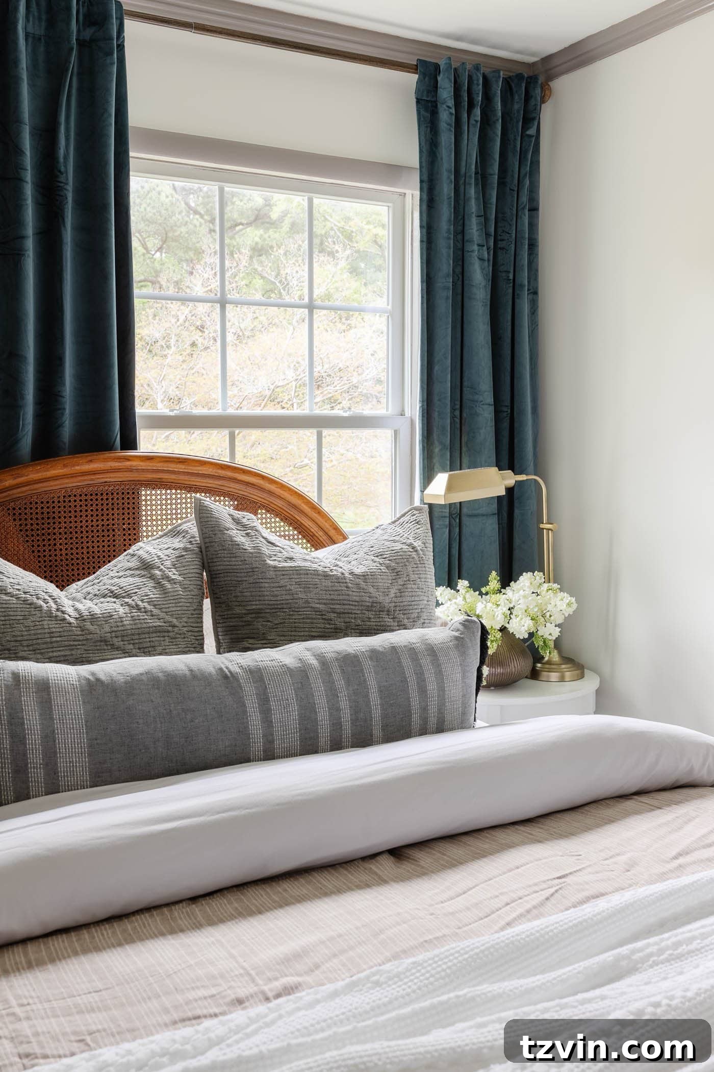 The Enduring Appeal of Classic Interior Design 18 A bedroom featuring calming blue curtains and a cane bed with neutral bedding, exemplifying a classic interior design with a serene color palette.
