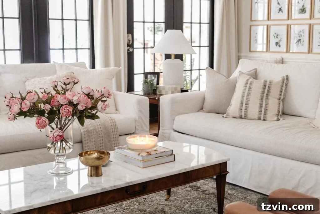 The Enduring Appeal of Classic Interior Design 4 A white living room featuring a timeless design with modern vintage accents, including a classic marble coffee table.