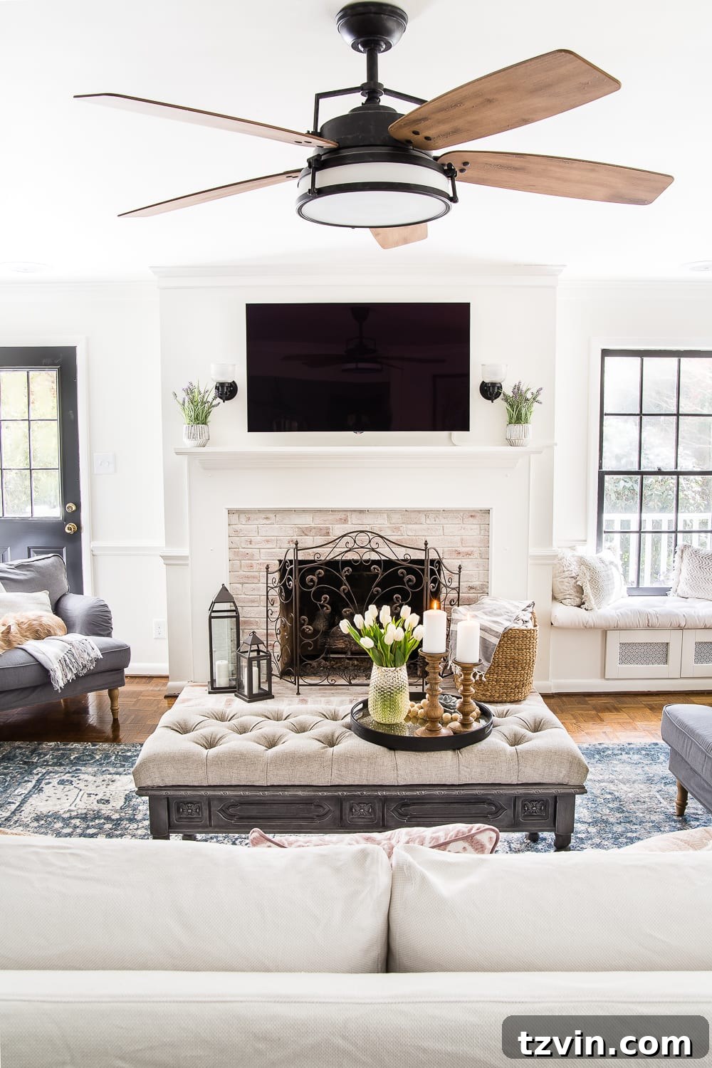 Spring Refresh Living Room Reveal 14 Transformed living room showcasing elegant spring decor, featuring updated furniture, lighting, and a cohesive design reflecting personal style.