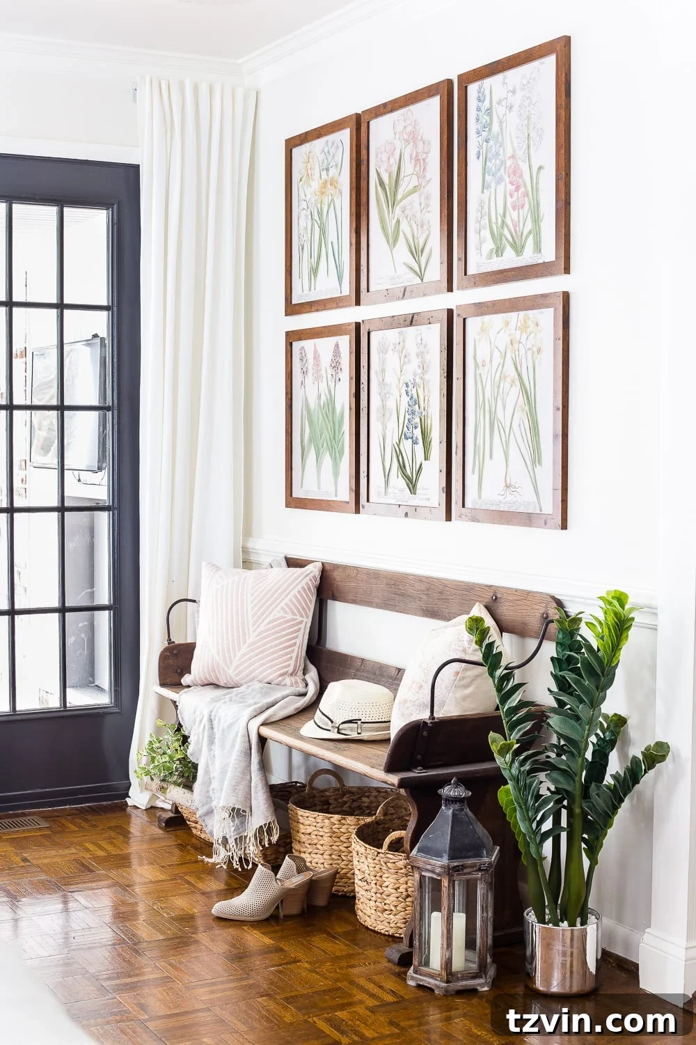 Spring Refresh Living Room Reveal 10 Botanical prints arranged as a gallery wall, bringing natural elements and 'spring wall decor' to a beautifully styled living room.