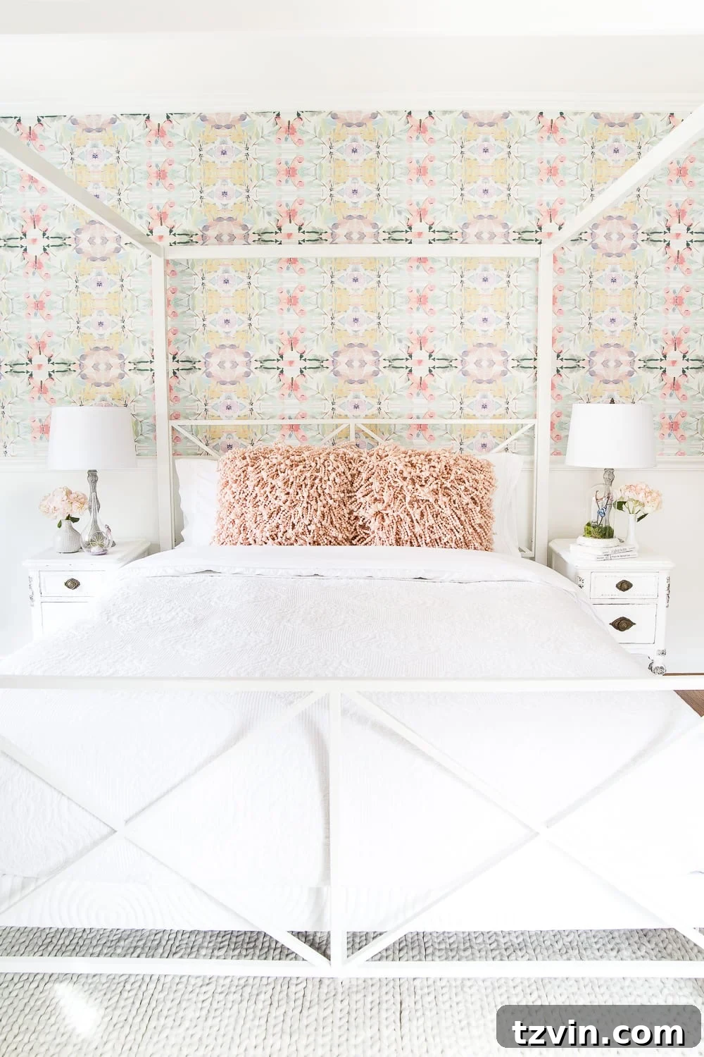 Olivia's Bedroom Transformation: A Baroque Lamp Revival 12 A charming white metal canopy bed in a little girl's bedroom, part of a designer-inspired room makeover with feminine decor and DIY projects.