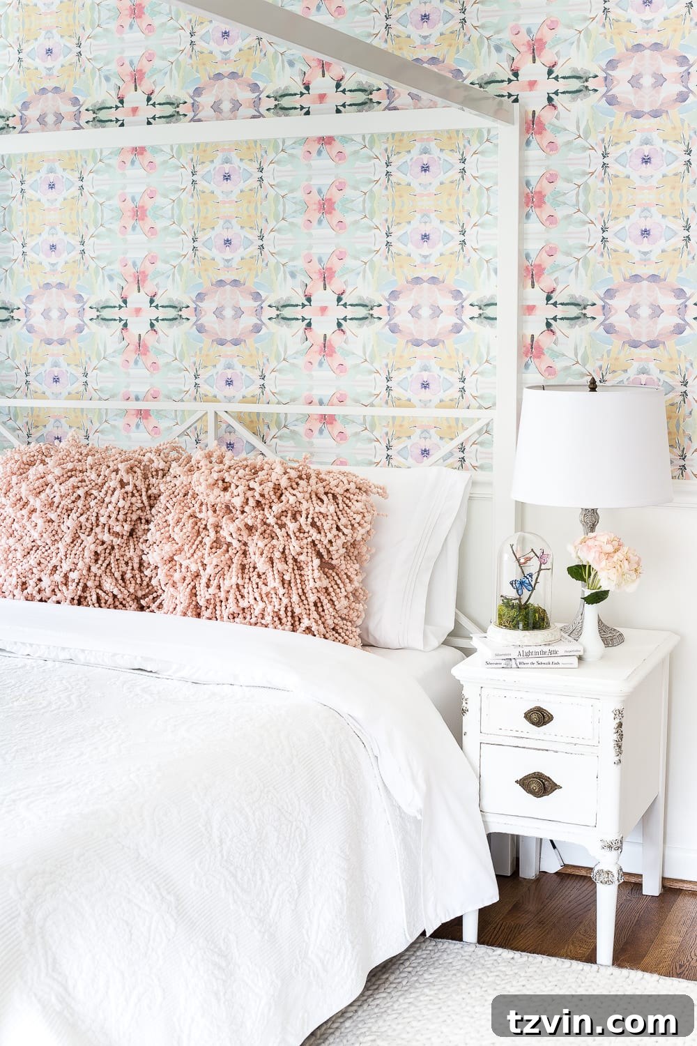 Olivia's Bedroom Transformation: A Baroque Lamp Revival 14 Overview of the girl's bedroom after significant progress in the makeover, featuring a canopy bed and other decorative elements.