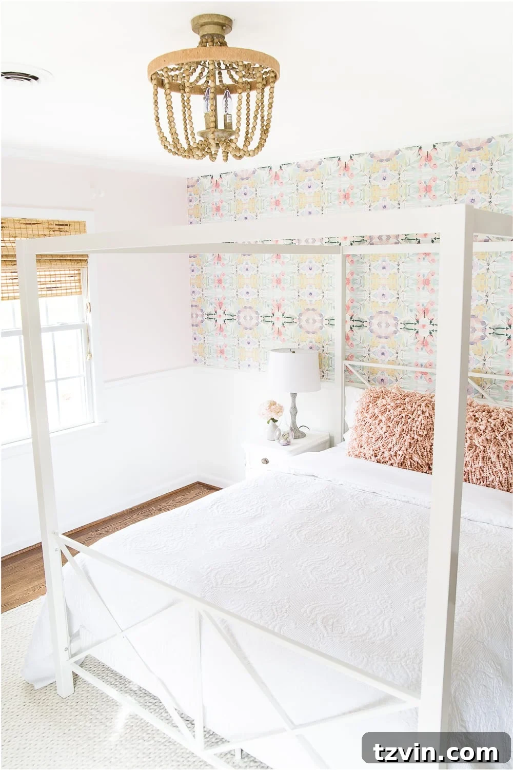 Olivia's Bedroom Transformation: A Baroque Lamp Revival 15 A cozy girl's bedroom featuring a braided wool rug and an elegant beaded semi-flush mount light fixture, completing the designer-inspired decor.
