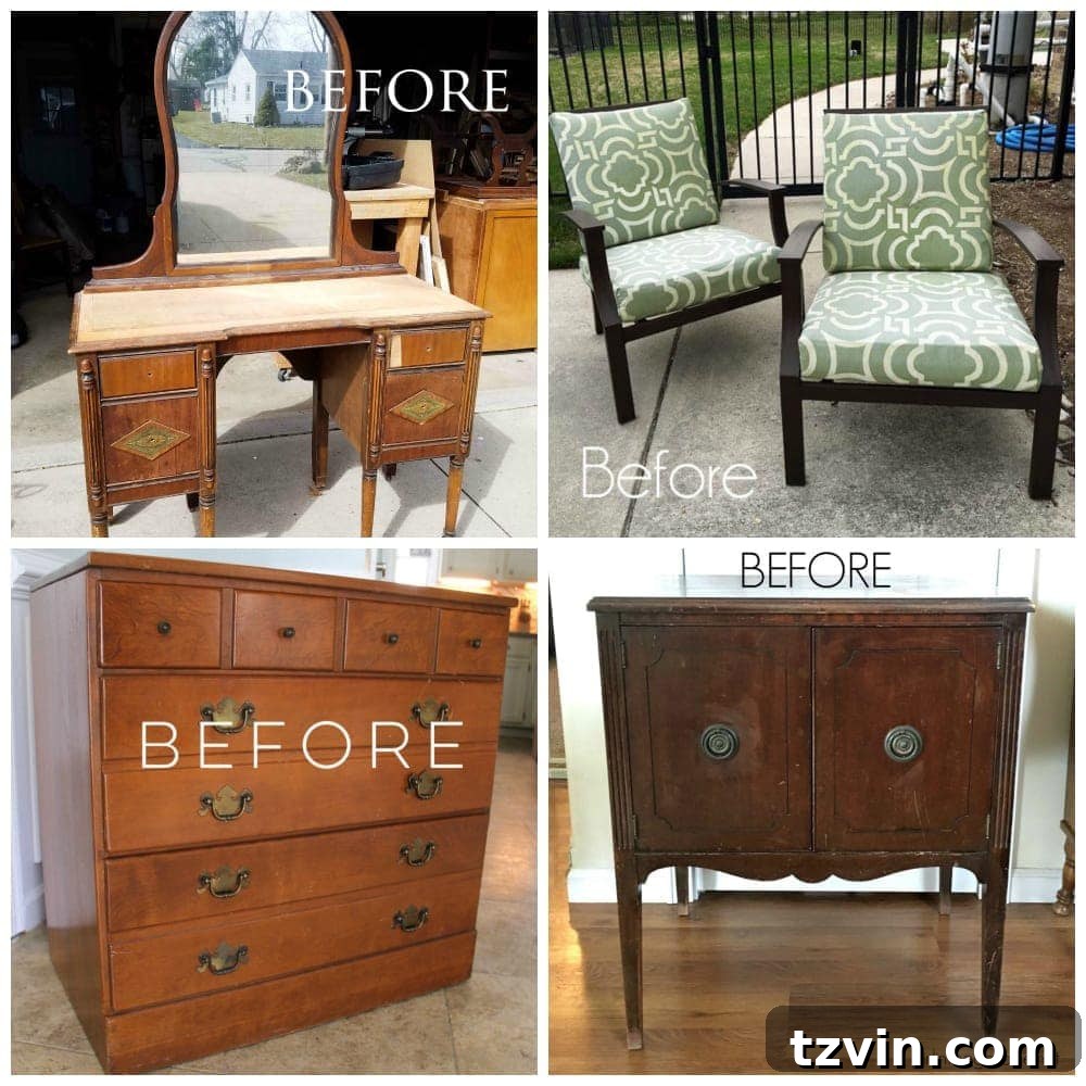 Olivia's Bedroom Transformation: A Baroque Lamp Revival 16 A collage of various thrift store transformations from Trash to Treasure Tuesday, including furniture makeovers and decor updates.