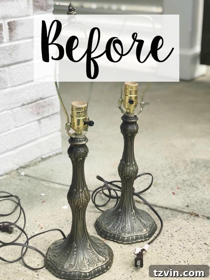 Olivia's Bedroom Transformation: A Baroque Lamp Revival 3 Before shot of two thrifted table lamps with intricate feminine details, awaiting a French Baroque designer-inspired makeover using Annie Sloan Chalk Paint.