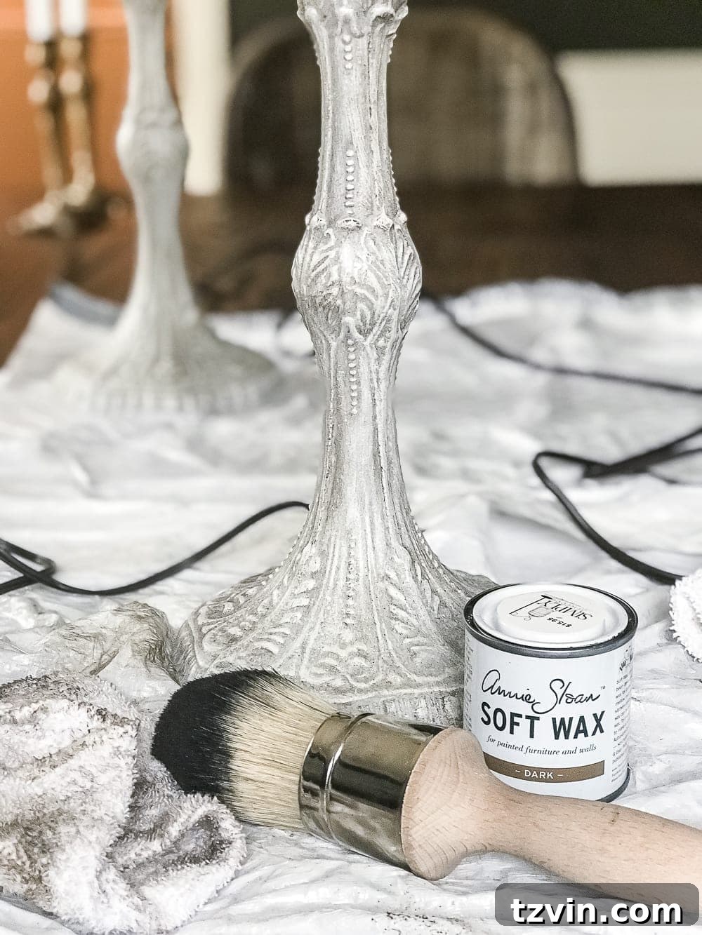 Olivia's Bedroom Transformation: A Baroque Lamp Revival 8 Applying Annie Sloan Dark Wax over clear wax to a Baroque lamp, creating an aged, antique finish as part of a French designer-inspired DIY makeover.