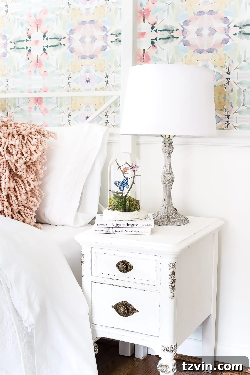 Olivia's Bedroom Transformation: A Baroque Lamp Revival 9 The completed French Baroque inspired table lamp makeover with Annie Sloan Chalk Paint, featuring new white shades, perfect for a little girl's bedroom.
