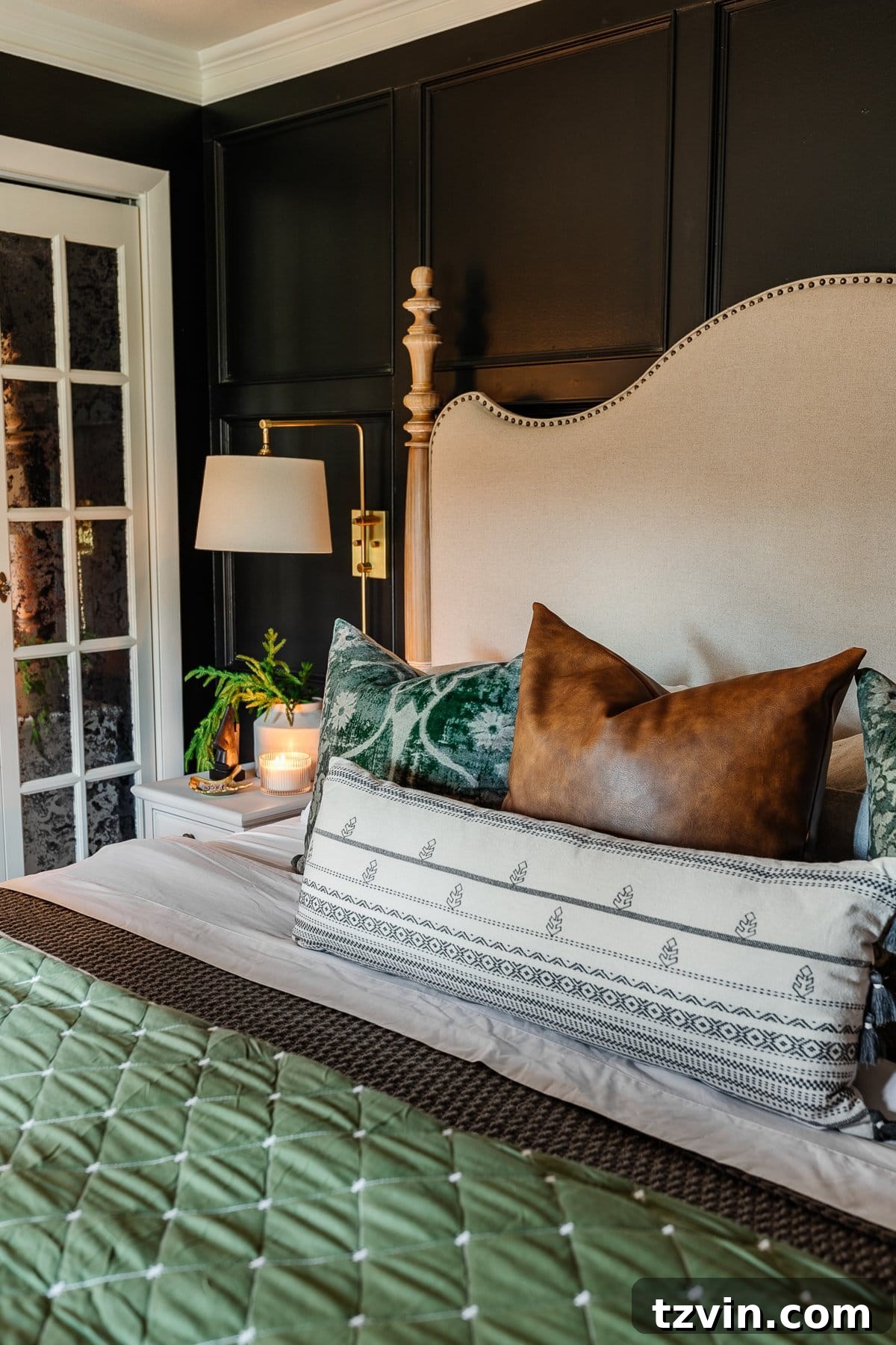 A chic swing-arm plug-in wall lamp positioned beside a bed with contrasting black walls and elegant white French bifold doors.