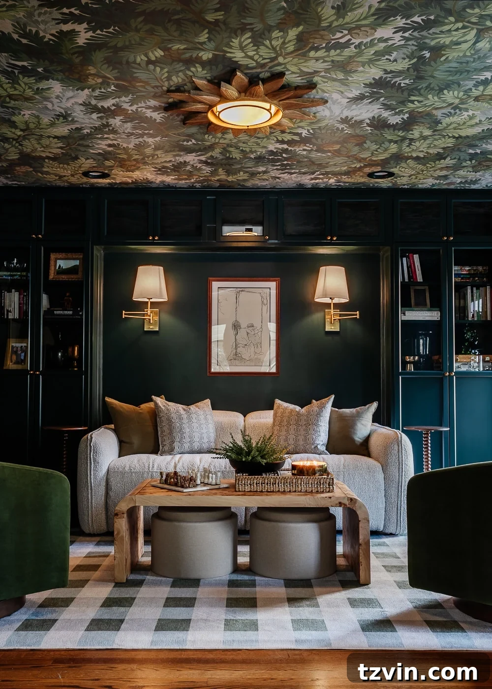 Cozy living room featuring brass swing-arm vintage sconce lamps positioned above a sofa, providing ambient and task lighting.