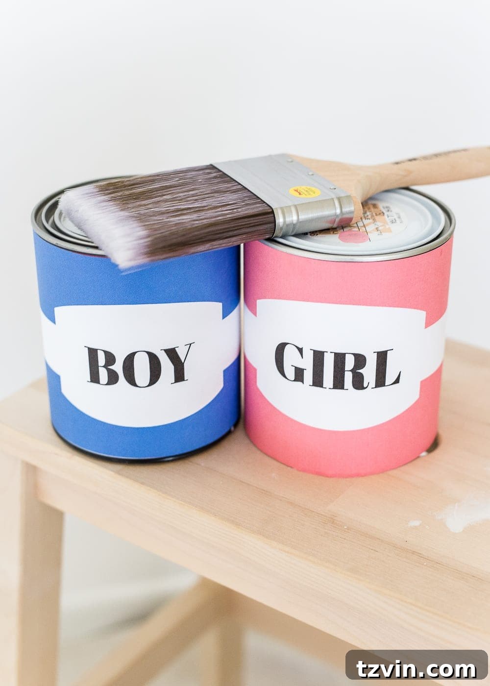 Our Budding Baby Reveal 3 A couple prepares for a gender reveal photoshoot, holding paintbrushes in the baby's nursery, with focus on paint cans.