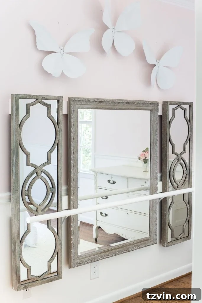 Crafting a Ballet Barre and Mastering Chair Rail Decor 2 DIY Ballet Barre with Mirrors and Shelf Brackets for a Girl's Bedroom. How to hang wall decor on a chair rail or molding. Perfect for kids room decor and home ballet practice. #balletbarre #kidsdecor #girldecor #girlbedroom #girlroom #kidsroom #walldecor #hanginghack #wallhack #diywalldecor