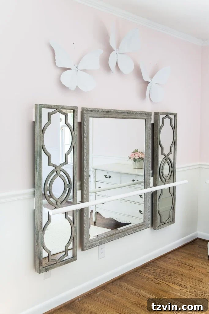 Crafting a Ballet Barre and Mastering Chair Rail Decor 8 Beautifully decorated girl's room with a new ballet barre, showcasing intricate details and cheerful ambiance. #BedroomGoals #KidsRoomMakeover #DIYBallet