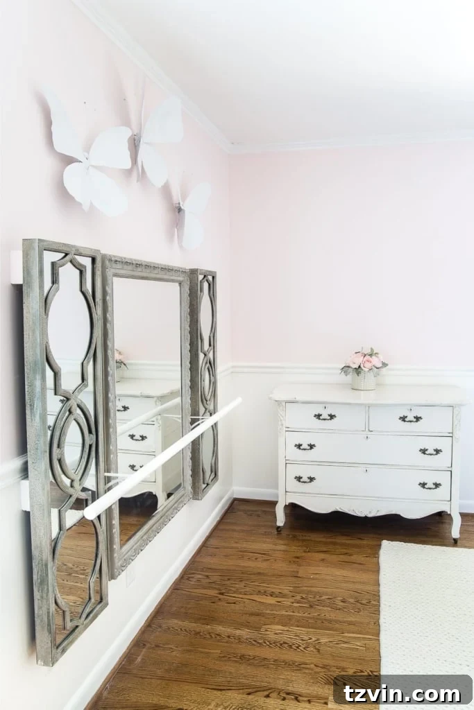 Crafting a Ballet Barre and Mastering Chair Rail Decor 9 Close-up of a DIY ballet barre, emphasizing craftsmanship and thoughtful design. Part of a larger girl's room transformation. #HomeDesign #CraftProject #ChildrensRoom