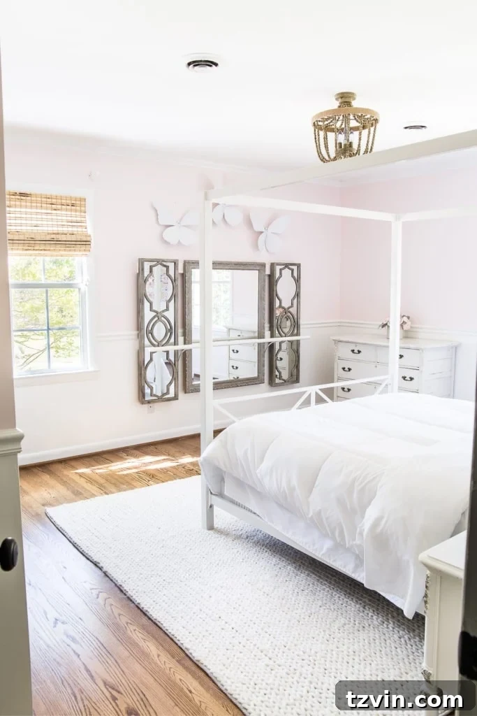 Crafting a Ballet Barre and Mastering Chair Rail Decor 10 Wide shot of Olivia's nearly complete bedroom, highlighting the DIY ballet barre and mirrors as a central feature. #RoomMakeover #KidsInteriorDesign #DreamBedroom