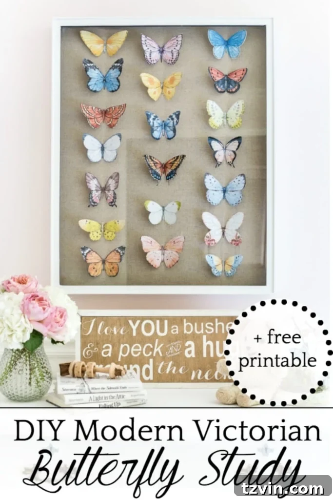 Handcrafted Butterfly Exhibit Frame 12 Pin this post for later, DIY butterfly shadow box, kids bedroom decor ideas, creative wall art for girls, free printables, home decorating inspiration