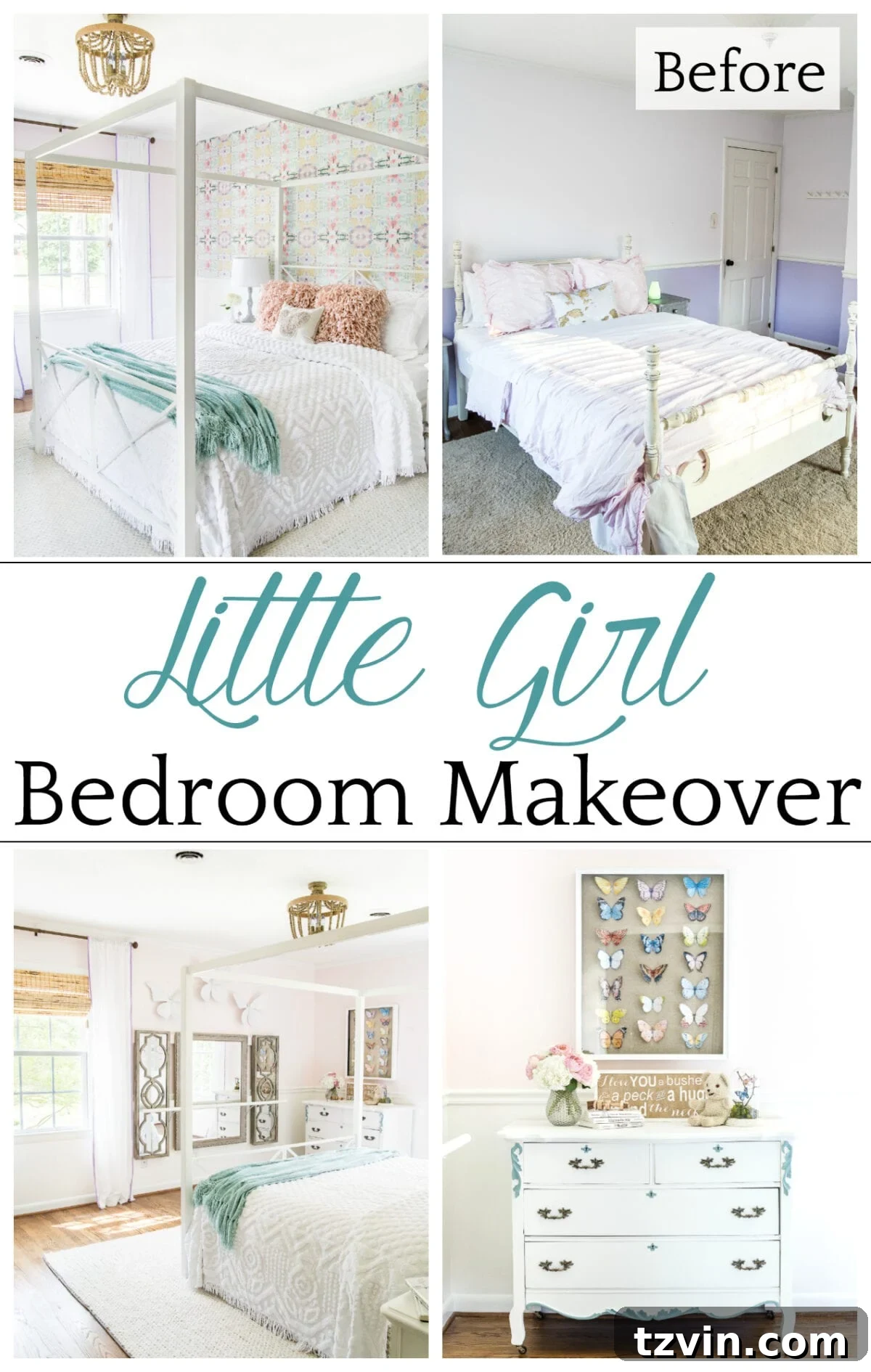 Pin this post: A little girl bedroom makeover with a butterfly theme, thrifty DIYs, and Anthropologie style knock-offs.