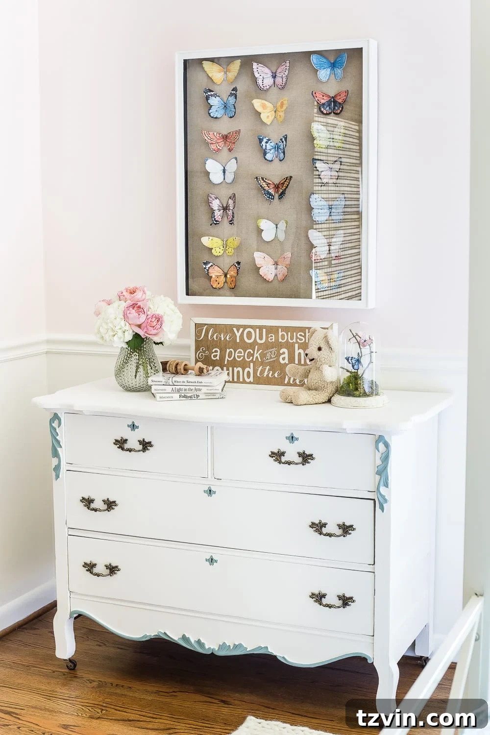 A little girl bedroom makeover with a butterfly theme full of thrifty makeovers, DIYable projects, and Anthropologie style knock-offs. #girlbedroom #littlegirlbedroom #girlroom #littlegirlroom #kidsspaces #kidsdecor #kidsroom #kidsdiy #bedroommakeover #kidsroommakeover #girlbedroommakeover
