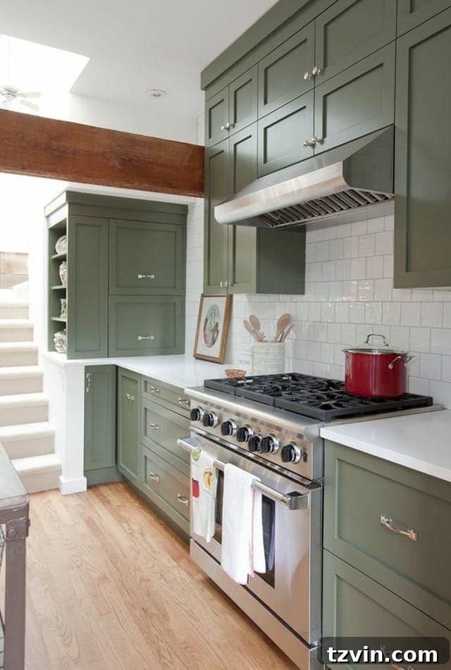 Fresh Green Kitchen Cabinet Ideas 15 Benjamin Moore Forest Floor cabinets, a deep and rich green, create a grounding and luxurious kitchen atmosphere.