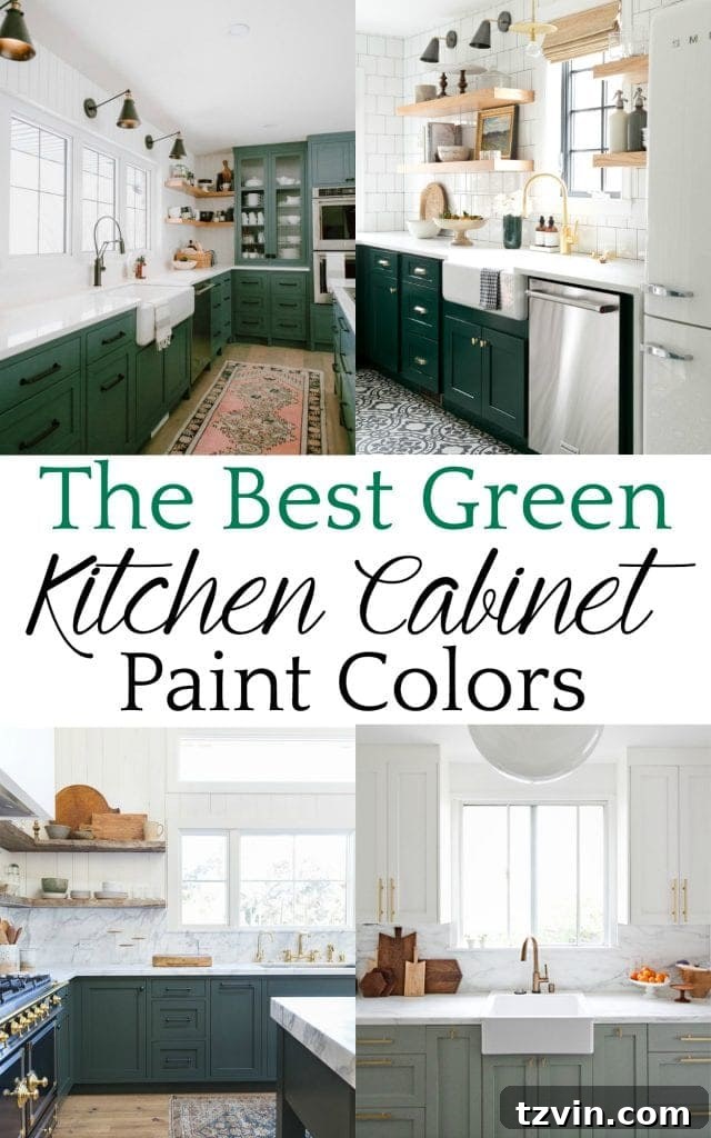 Fresh Green Kitchen Cabinet Ideas 16 Pinterest graphic: A compilation of the best green kitchen cabinet paint colors for home decor inspiration.