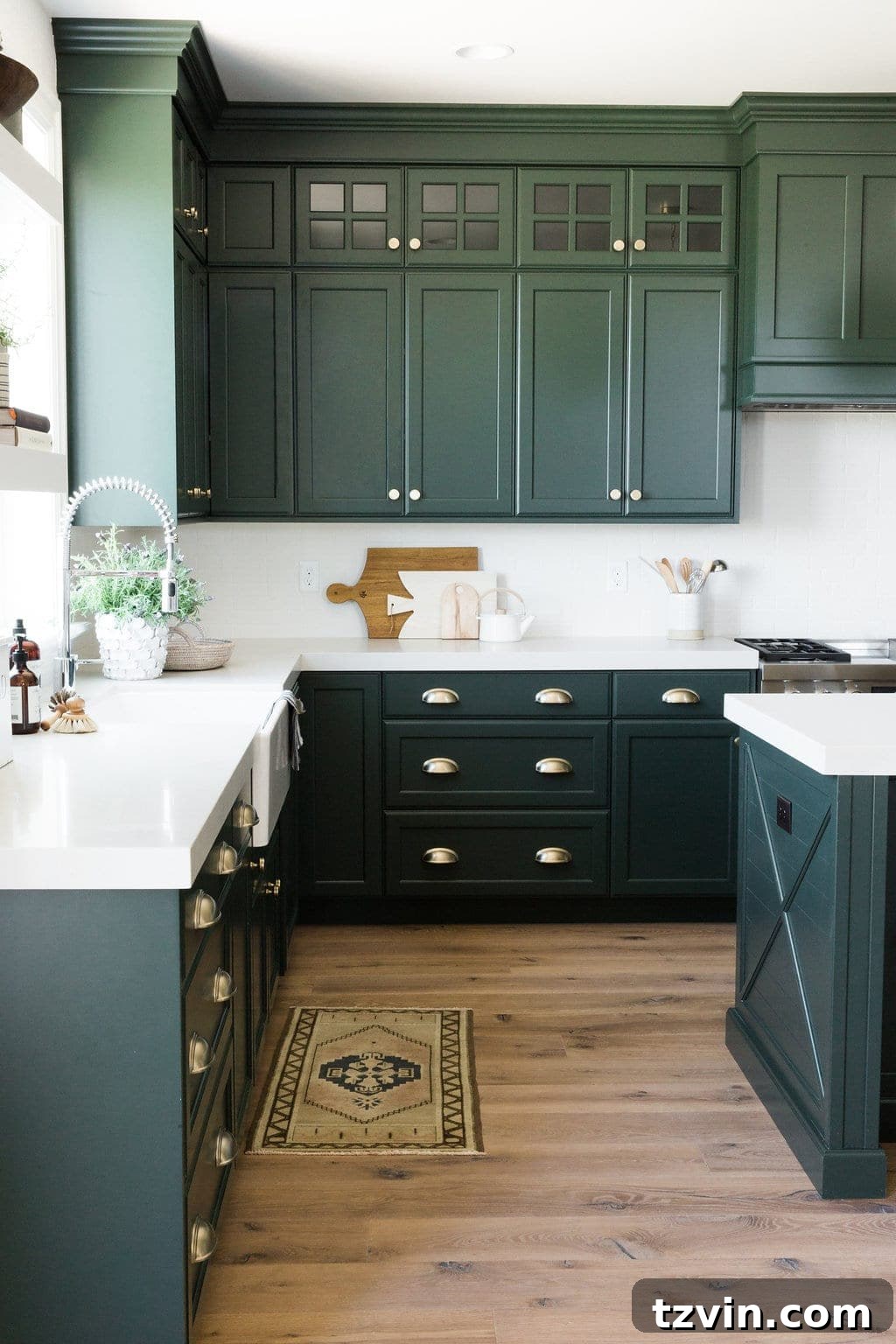 Fresh Green Kitchen Cabinet Ideas 4 Kitchen featuring deep green Dunn Edwards Black Spruce cabinets, offering a dramatic and sophisticated look.