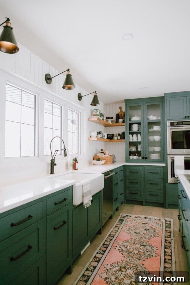 Fresh Green Kitchen Cabinet Ideas 5 Kitchen showcases Sherwin Williams Billiard Green cabinets, a rich and inviting green perfect for a classic design.
