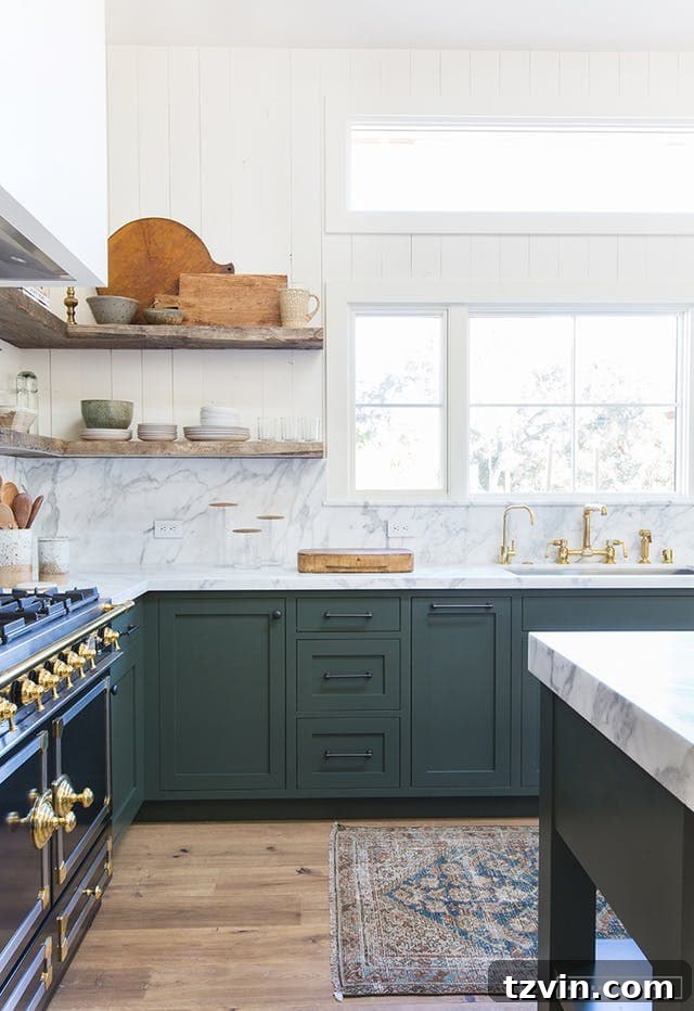 Fresh Green Kitchen Cabinet Ideas 6 Dunn Edwards Midnight Spruce cabinets create a bold and dramatic focal point in a contemporary kitchen.
