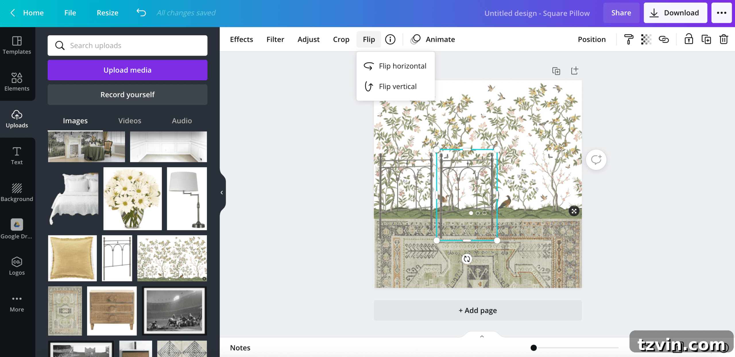 Horizontal flip option for images in the Canva app