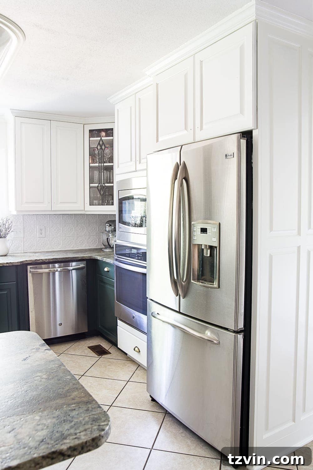 A Breath of Fresh Air Green Kitchen Cabinets 5 white upper and green lower kitchen cabinets stopping at wall oven & refrigerator