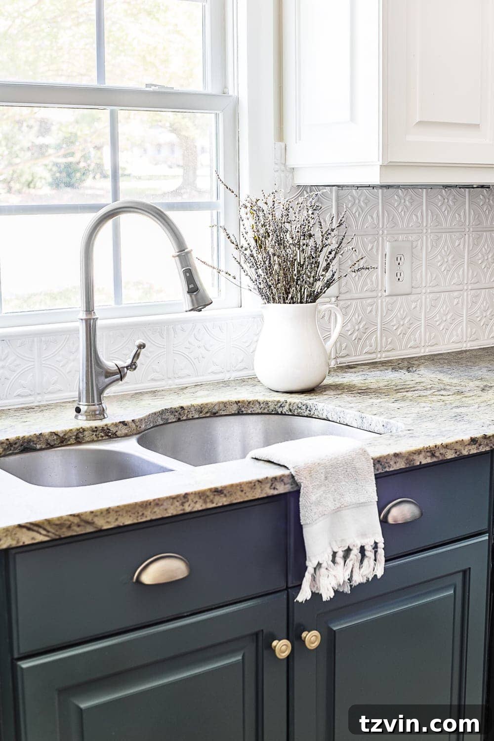 A Breath of Fresh Air Green Kitchen Cabinets 6 Pressed tin ceiling tile backsplash and deep green kitchen cabinets