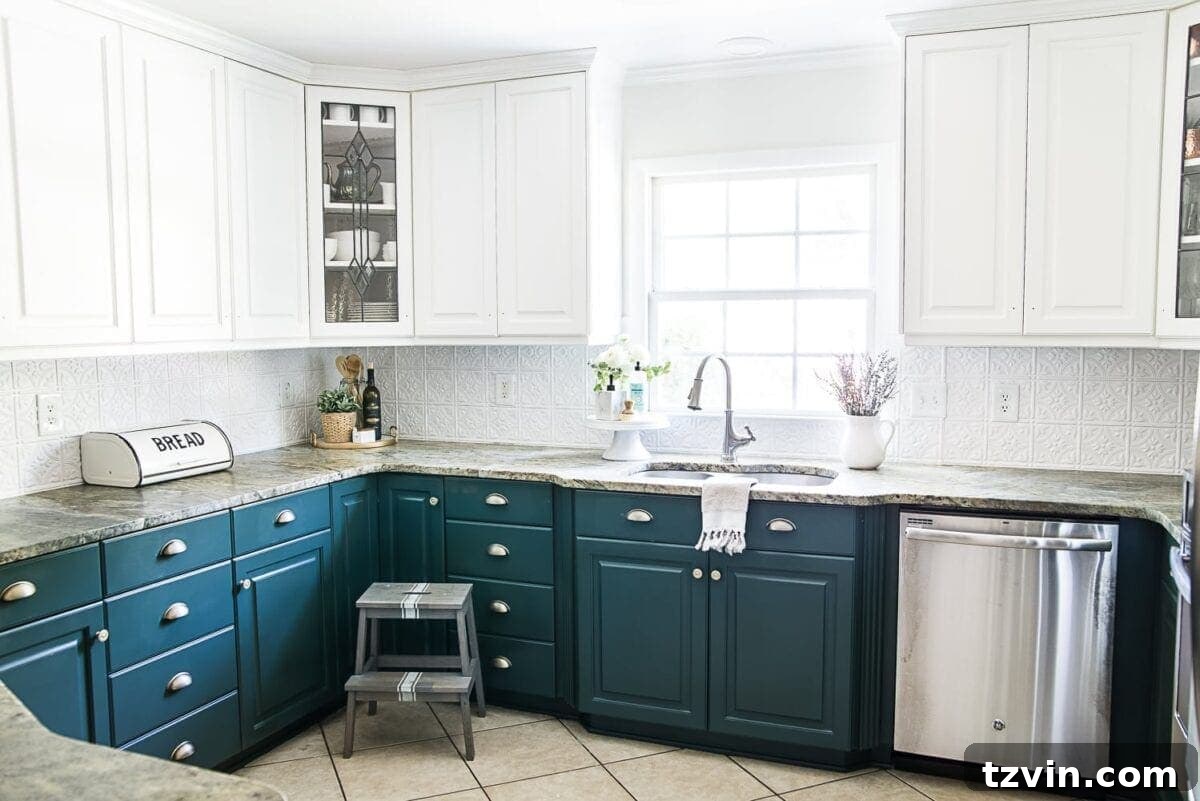 A Breath of Fresh Air Green Kitchen Cabinets 8 white upper cabinets and green lower cabinets in the color Benjamin Moore Simply White and Sherwin Williams Billiard Green