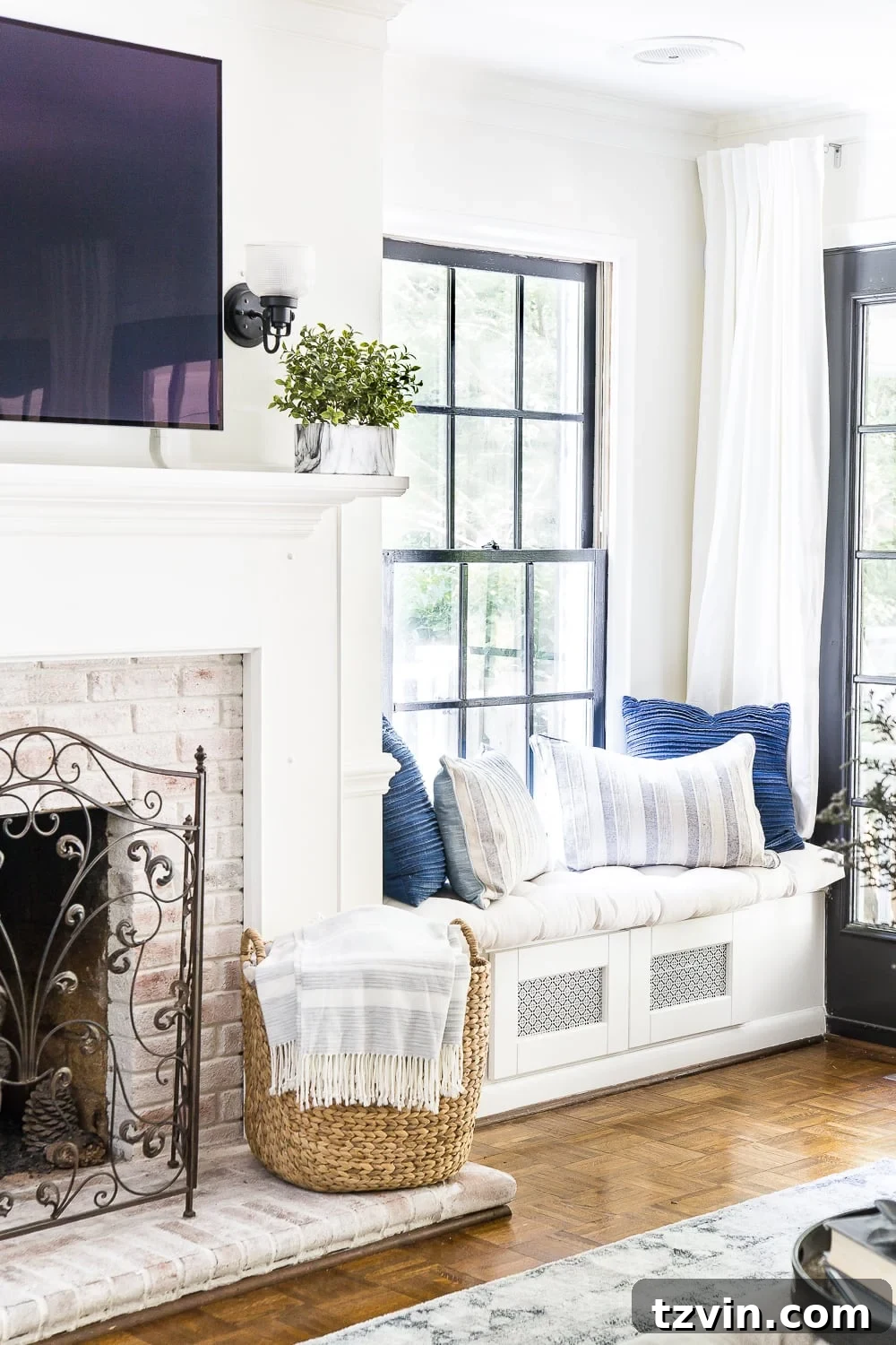 DIY built-in window seat to hide tv components and cords
