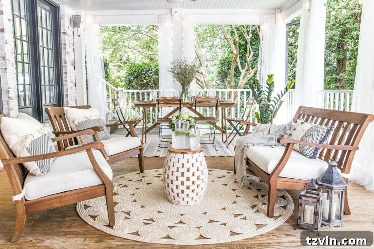 A wide shot of the summer back porch, showcasing the complete outdoor living and dining areas.