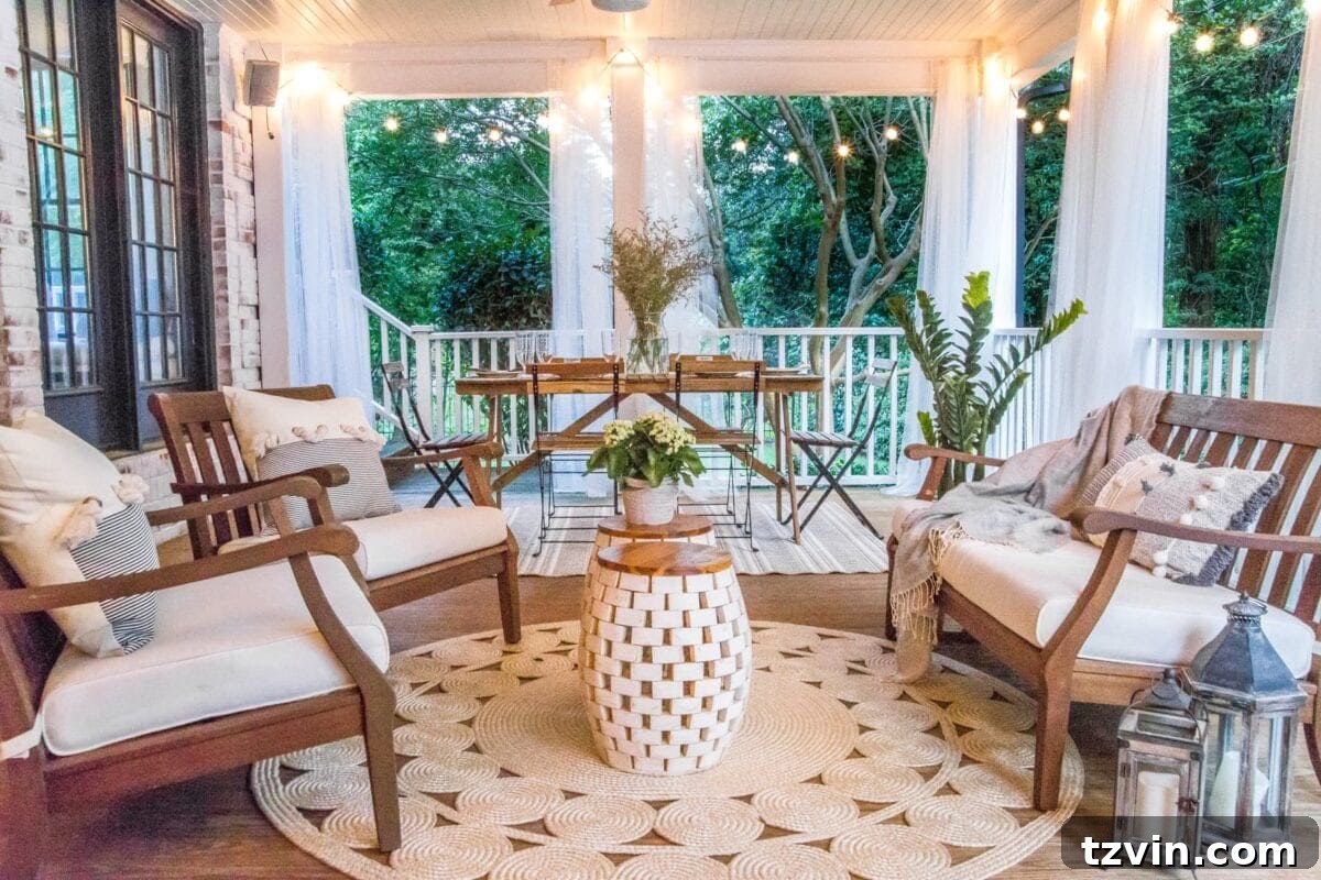 Our beautifully lit back porch at nighttime, perfect for evening relaxation.