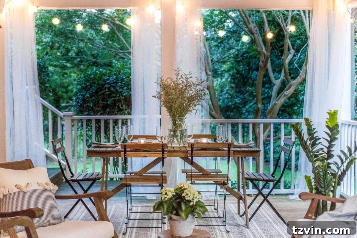 Back porch bathed in the warm glow of string lights during a summer evening.