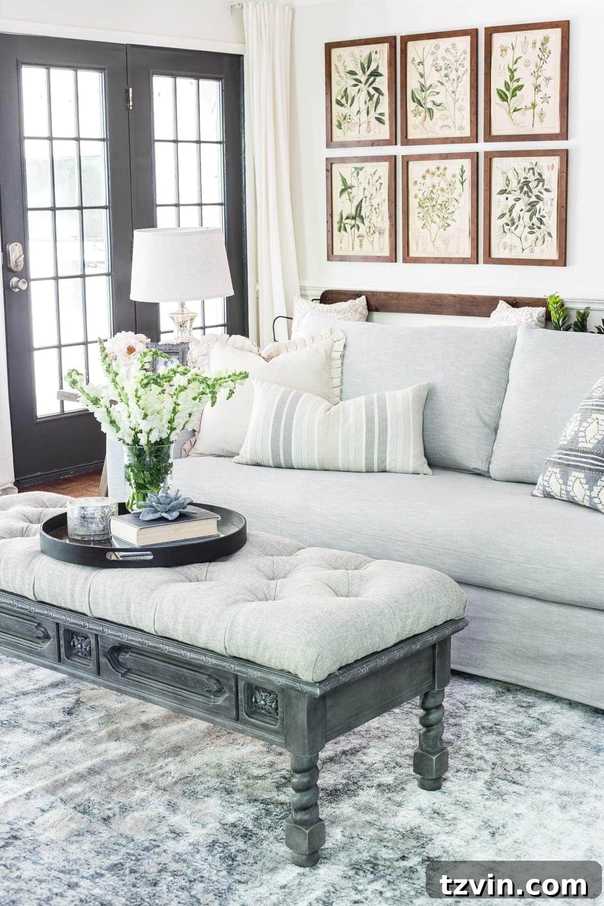 Neutral modern farmhouse living room with IKEA Farlov slipcover