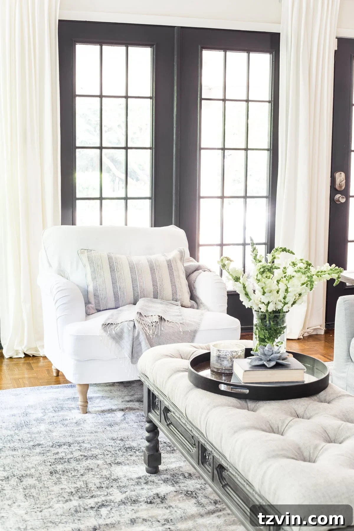 Black and white living room with refreshed IKEA furniture