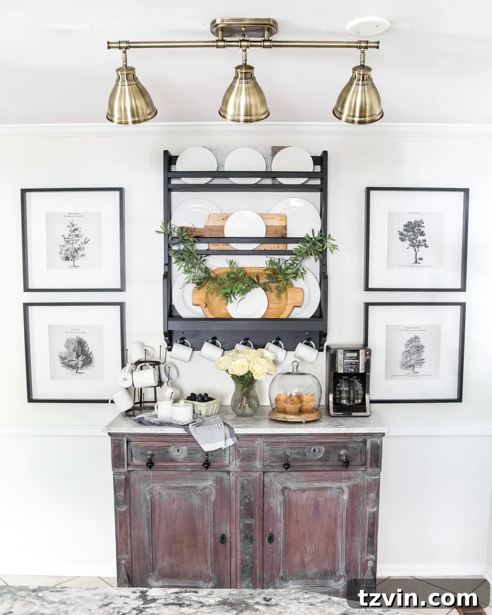 Woodland Wonder Print Pack 2 Vintage black and white tree art print hanging on a kitchen wall next to a coffee bar