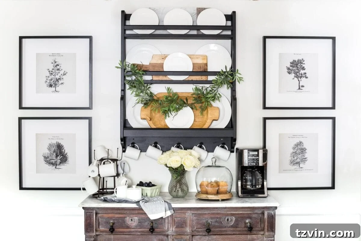 Woodland Wonder Print Pack 9 Kitchen coffee bar with vintage arbor art, styled with a garland and other decor items