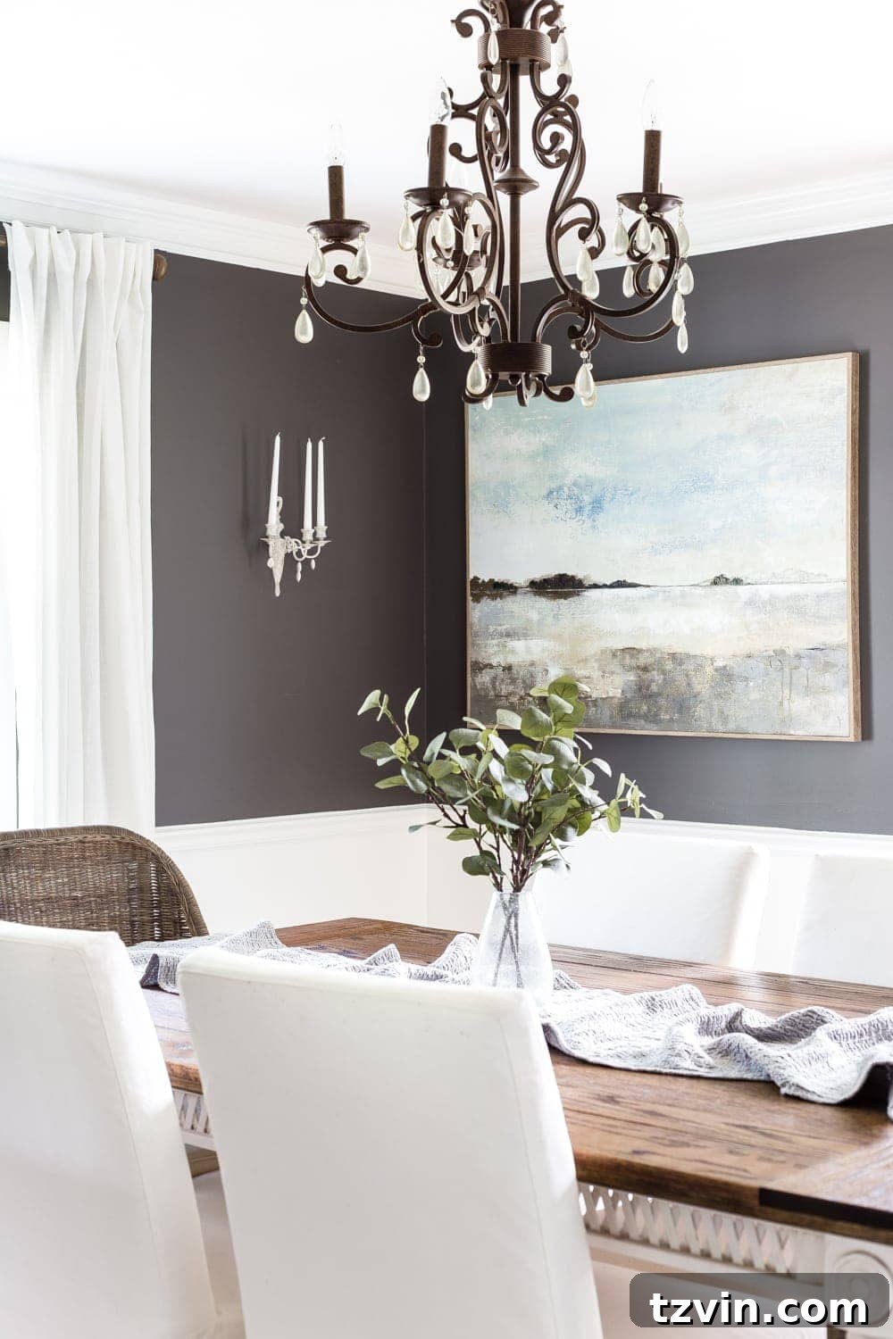 Charcoal and white dining room with elegant DIY sconces