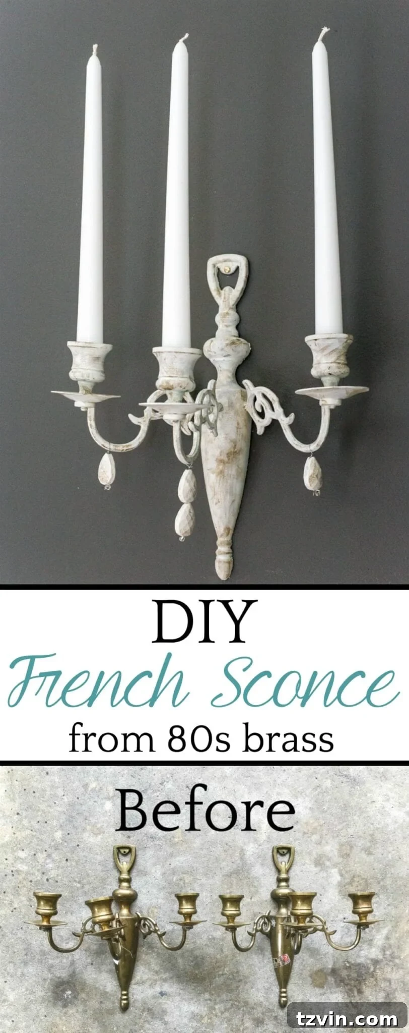 How to turn a dated brass piece into a Restoration Hardware-inspired French sconce using paint samples and jewelry beads. #frenchsconce #sconce #walldecor