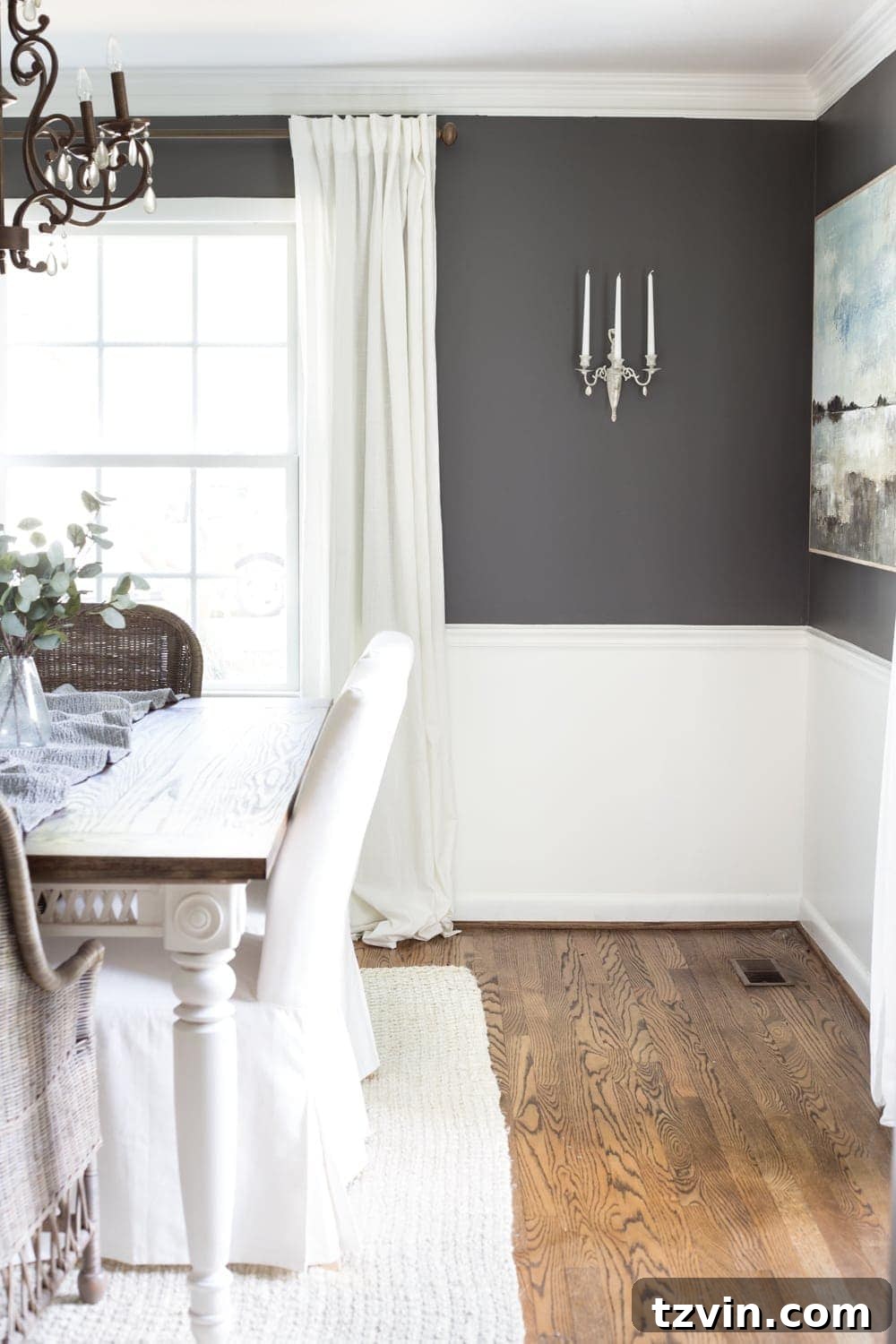 Benjamin Moore Kendall Charcoal dining room with new French sconce