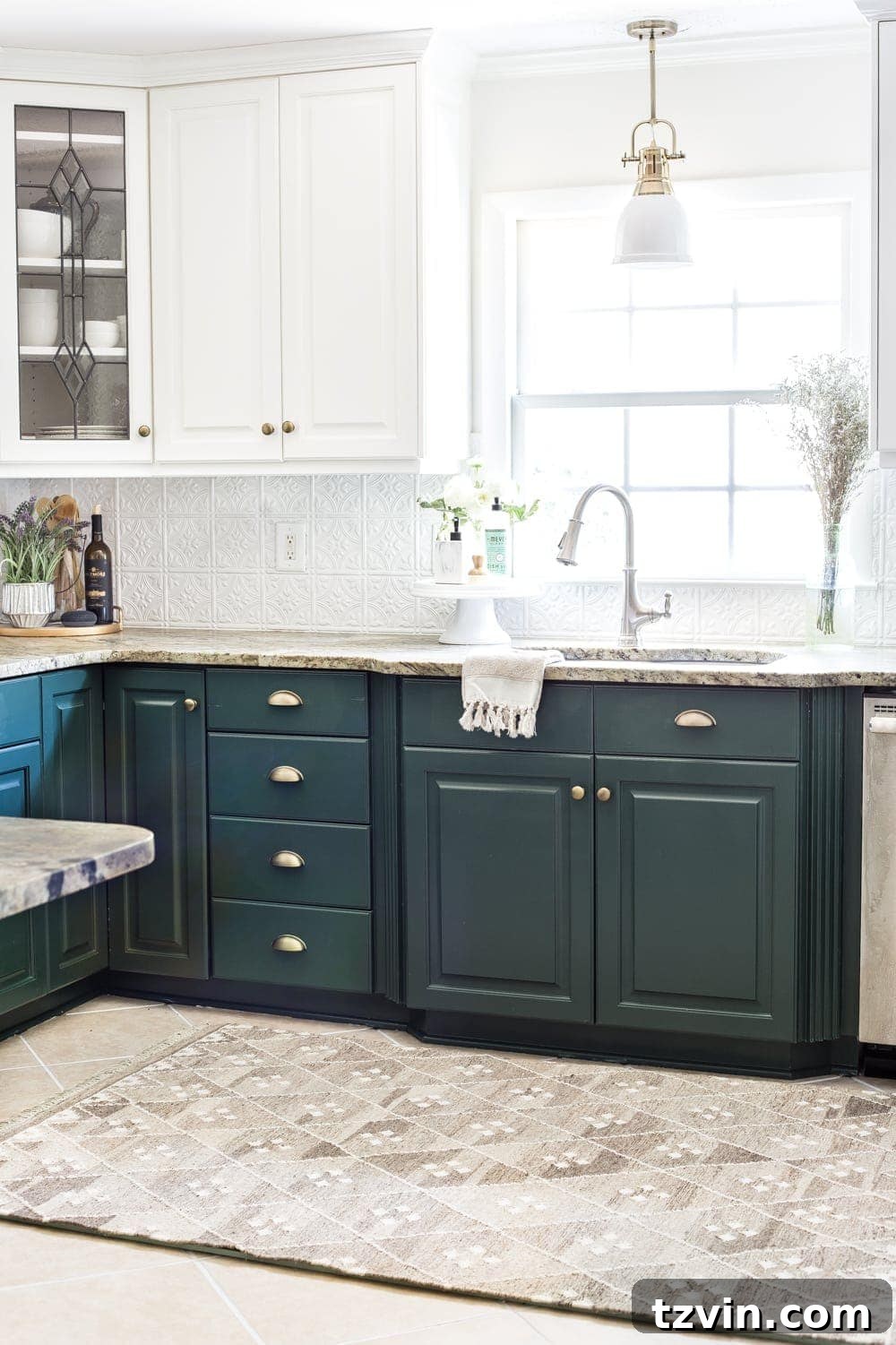 Kitchen Floor Refresh Memory Foam Comfort and Grout Rejuvenation 4 Deep green kitchen cabinets with newly refreshed white grout and a comfortable layered kitchen rug